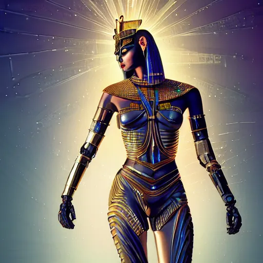 Image similar to full body portrait of the muscular Egyptian Android Pharaoh Queen, by DC comics and Sandra Chevrier and beeple, artstation, volumetric lighting and fog, hyperrealism, hyper detailed futuristic royalty, award winning costume design, cybernetic bionic ancient cyborg, fashion show runway, futuristic fine textures, woven with electricity, high fashion superpowers, floating dust particles, bokeh, mystic haze, 4k UHD, HDR