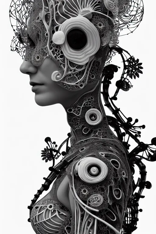 Prompt: black and white 3 d render, biomechanical female cyborg with a porcelain translucent profile face, analog, big leaves foliage and stems, morning glory flowers, hibiscus flowers, boho floral vines, hexagonal mesh fine wire, sinuous fine roots, fine filigree foliage lace, alexander mcqueen, earring, art nouveau fashion embroidered, steampunk, mandelbrot fractal