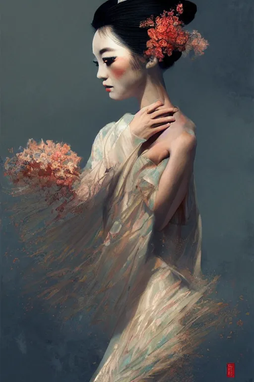 Image similar to geisha prima ballerina, intricate, portrait, elegant, volumetric lighting, digital painting, highly detailed, artstation, sharp focus, illustration, concept art, ruan jia, steve mccurry