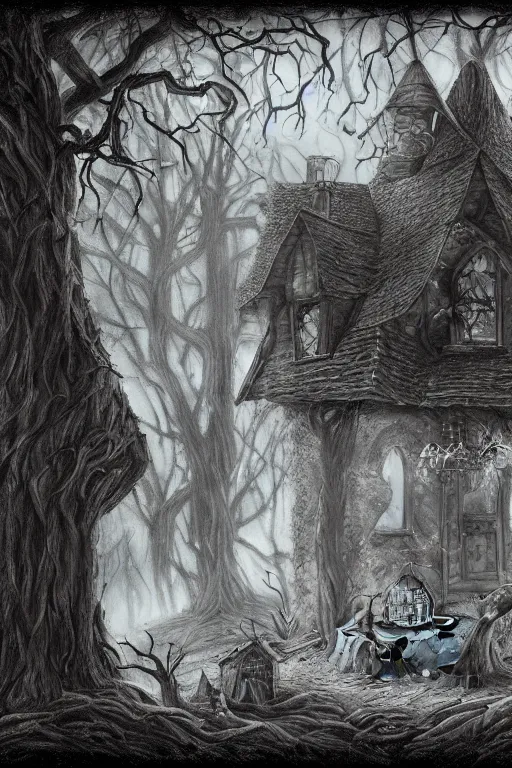 Image similar to a witch's cottage in a dark forest, with several broken statues, gnarled trees, a smoking firepit, HD, 4k, 8k, incredibly detailed, intricate, ominous, masterpiece, digital illustration, trending on artstation