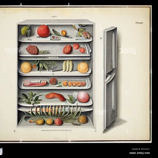 Image similar to anatomical diagram of a refrigerator, by maria sibylla merian