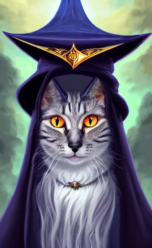 Prompt: matte oil painting of a bipdel cat wearing long wizard robes, anthropomorphic cat wearing a big wizard hat, dnd, character reveal, magic, posing, full body portrait, high resolution, detailed, inspiring, award - winning, clear, crisp, sharp