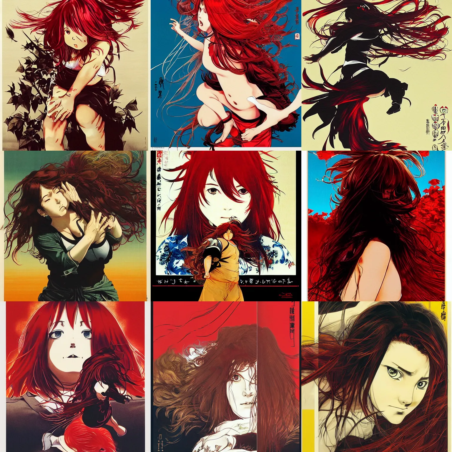 Prompt: red - long - haired chubby chilean woman, vice + compassion + jumping + saudade + fear + sleep, hanafuda anime poster by yoji shinkawa, esao andrews and raoul ruiz