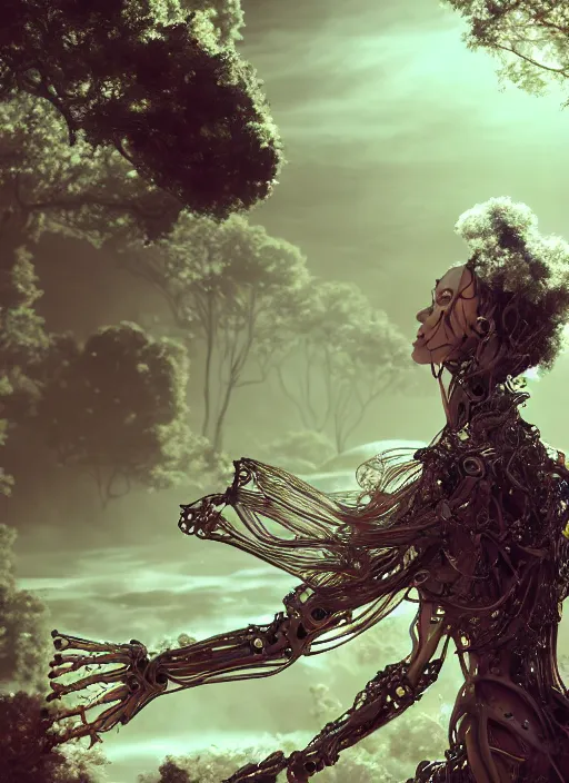 Image similar to beauteous stunning practical sumptuous androgynous biomechanical with incredible hair, crystalline masterpiece incrustations, hyperdetailed face, elegant pose, movie still, intricate accuracy, octane render, cinematic forest lighting, cgsociety, unreal engine, crepuscular rays, god rays