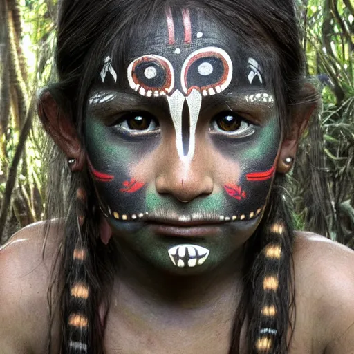 Image similar to portrait of yanomami girl with tribal face painting in rainforest by Luis Royo