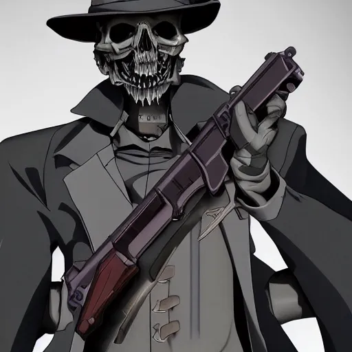 Image similar to a close shot of a grim reaper as gunsliger man in trigun series, skull face, movie shot, anime, hightly detailed, rescalated 4 k, detailed