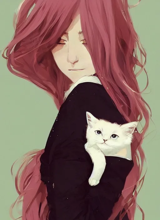 Prompt: a portrait of a young woman with very long pink hair undulating on the wind, light brown eyes, slightly chubby, pale skin, pretty, cute, holding a white cat. by conrad roset, greg rutkowski and makoto shinkai, trending on artstation