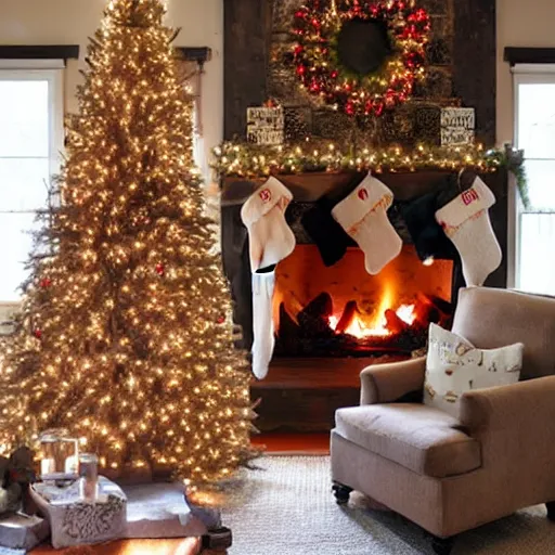 Prompt: rustic living room christmas fireplace and christmas tree