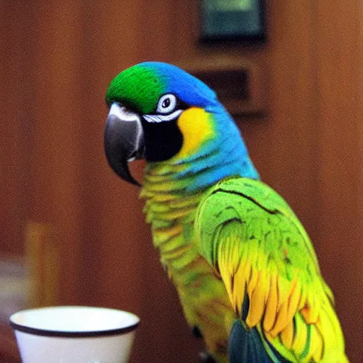 Prompt: ”parrot smoking a cigar in small japanese bar”