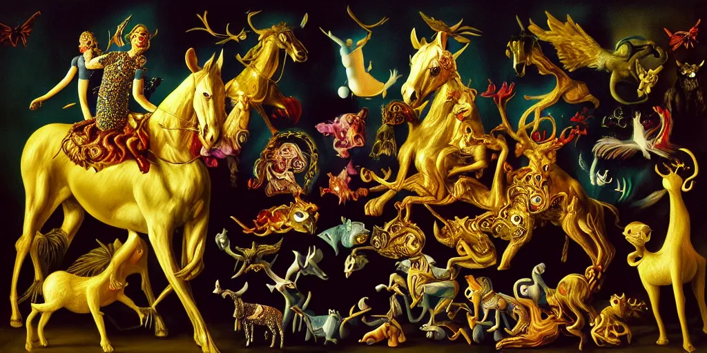 Image similar to the three imaginary fates pleasure dream adventure imaginary mythical animals love abstract oil painting by gottfried helnwein pablo amaringo raqib shaw zeiss lens sharp focus high contrast chiaroscuro gold complex intricate bejeweled