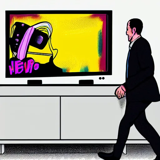 Image similar to a man walking into a television with static on it, detailed digital art