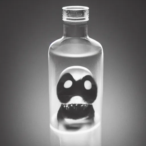 Image similar to hyper realistic professional photograph of ghost trapped inside a pet bottle taken inside professional studio