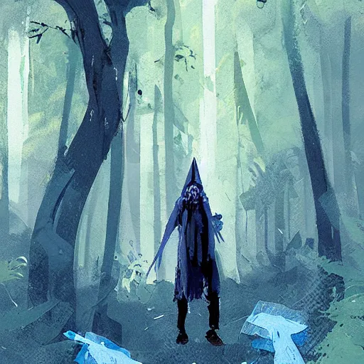 Image similar to medium shot painting of a blue - skinned wizard in a forest, by ismail inceoglu