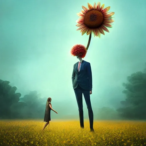 Image similar to giant daisy flower head, frontal, a girl in suit, surreal photography, sunrise, dramatic light, impressionist painting, digital painting, artstation, simon stalenhag