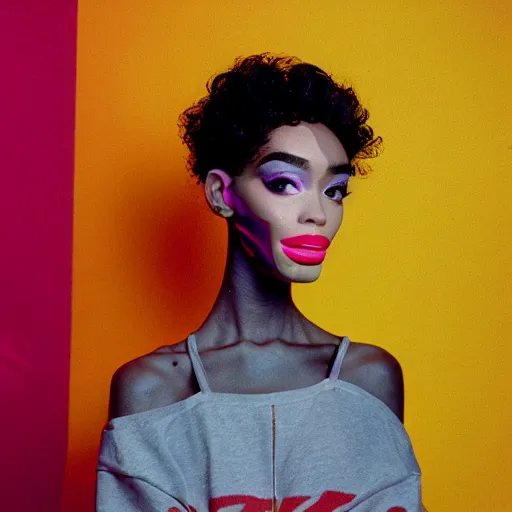 Image similar to realistic photoshooting for a new nike lookbook, vhs colour photography, portrait of model Winnie Harlow woman, in style of Tyler Mitchell, 35mm,