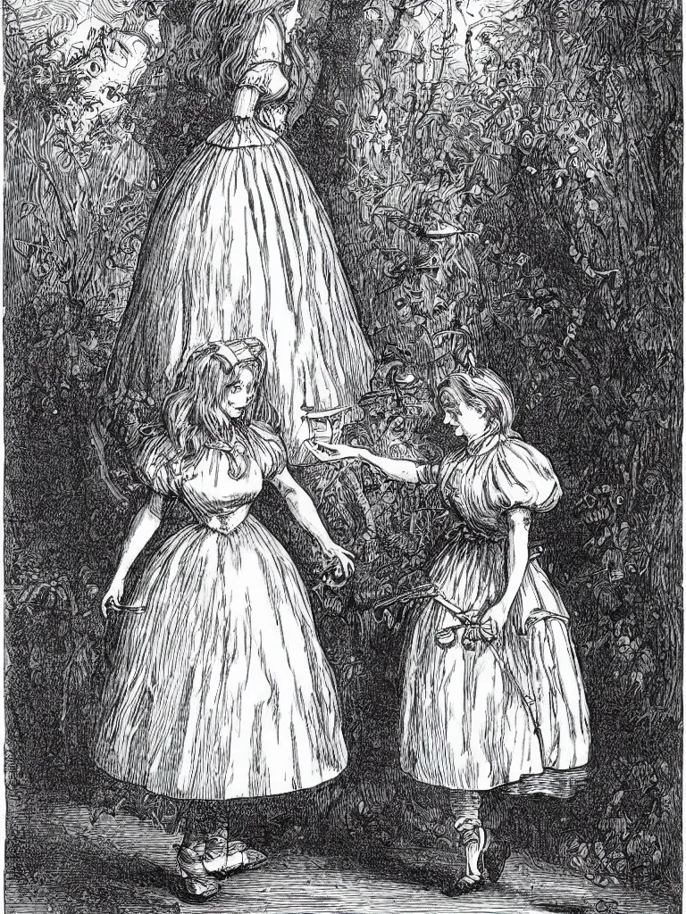 Image similar to Tenniel illustration portrait of Alice, walking in wonderland