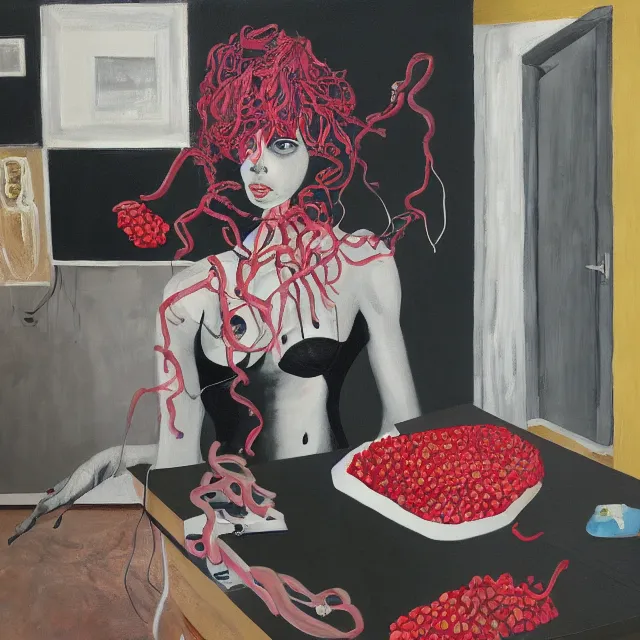 Image similar to empty room with black walls, sensual portrait of a female pathologist, octopus mural, spilled vase of flowers and water, squashed berries, neo - expressionism, surrealism, acrylic and spray paint and oilstick on canvas