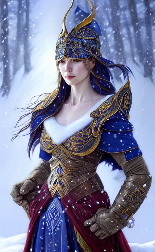 Prompt: sapphire viking warrior, regal, elegant, winter, snow, beautiful, stunning, hd, illustration, epic, d & d, fantasy, intricate, elegant, highly detailed, wide angle, digital painting, artstation, concept art, smooth, sharp focus, illustration, wallpaper, art by artgerm and greg rutkowski and alphonse mucha and jin xiaodi