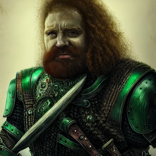 Image similar to portrait of a red haired dwarf - long curly hair, full beard, scar on the forehead, wearing leather armor with green accents, battleaxe on his back, digital art, highly detailed, intricate, sharp focus