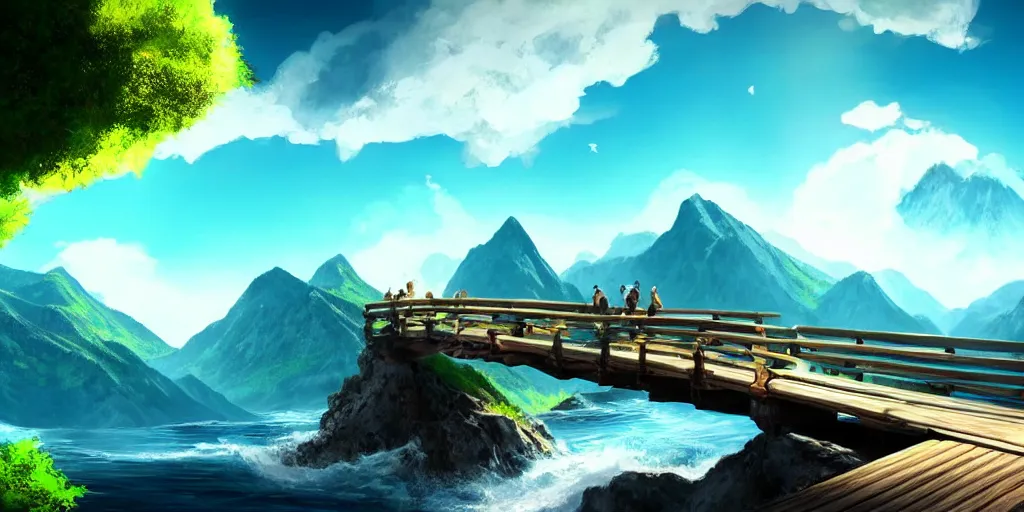 Image similar to concept art, beautiful nature, sunny day, sunshine lighting high mountains, which are higher than white fluffy clouds with green trees on top, a small wooden bridge connecting two mountains, ocean beneath the mountains with clear blue water, whales showing from the waves, cinematic, 8k, highly detailed