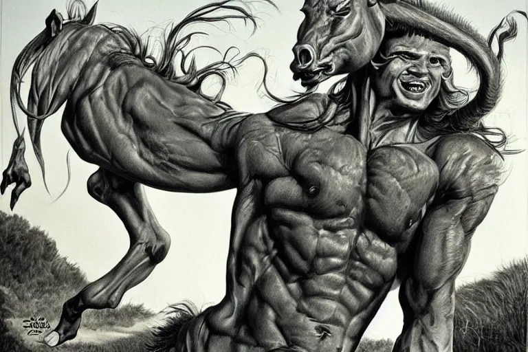 Image similar to beautiful lifelike painting of a centaur centaur centaur chimera tom cruise torso, hyperreal detailed facial features and uv lighting, art by ed roth and basil wolverton