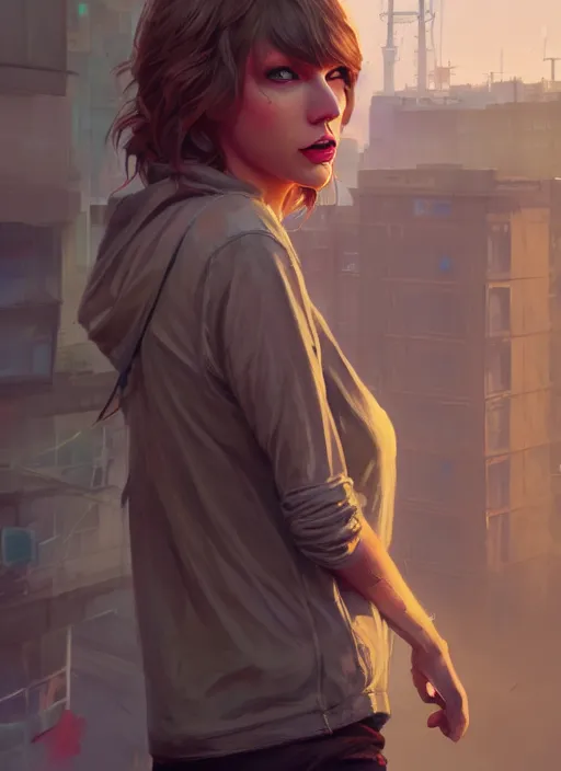 Image similar to Highly detailed full-body portrait of homeless Taylor Swift, in GTA V, Stephen Bliss, unreal engine, fantasy art by Greg Rutkowski, Loish, Rhads, Makoto Shinkai and Lois van baarle, ilya kuvshinov, rossdraws, Mat collishaw, global illumination, radiant light, detailed and intricate environment