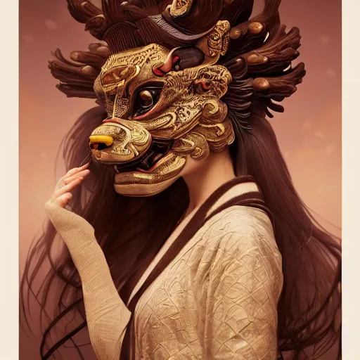 Image similar to a photorealistic dramatic fantasy render of a beautiful woman wearing a beautiful intricately detailed japanese komainu kitsune mask and clasical japanese kimono by wlop, artgerm, greg rutkowski, alphonse mucha, beautiful dynamic dramatic dark moody lighting, shadows, cinematic atmosphere, artstation, concept design art, octane render, 8 k