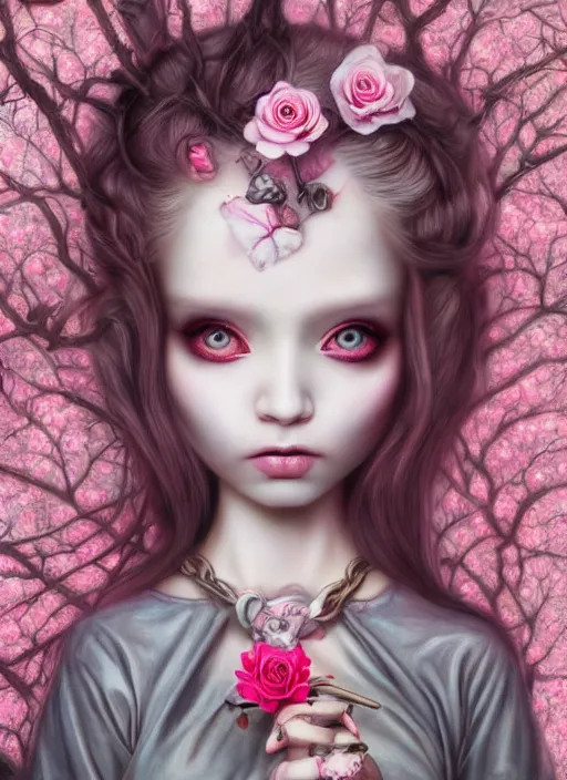 Image similar to pop surrealism, lowbrow art, realistic cute alice girl painting, pink bdy harness with flowers, japanese street fashion, hyper realism, muted colours, rococo, natalie shau, loreta lux, tom bagshaw, mark ryden, trevor brown style,