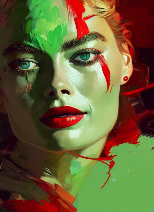 Image similar to close up portrait of ymargot robbie, sensual, ecstatic, shades green and red, beautiful face, rule of thirds, intricate outfit, spotlight, by greg rutkowski, by jeremy mann, by francoise nielly, by van gogh, digital painting