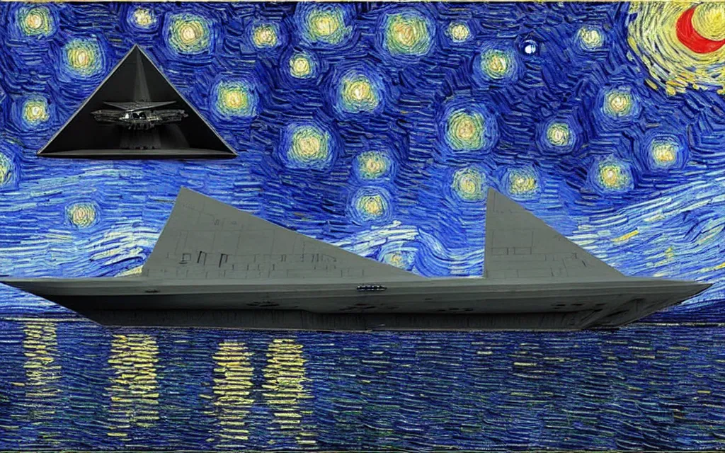 Image similar to star wars star destroyer from star wars in the sky of the starry night by van gogh modern inpainting high details