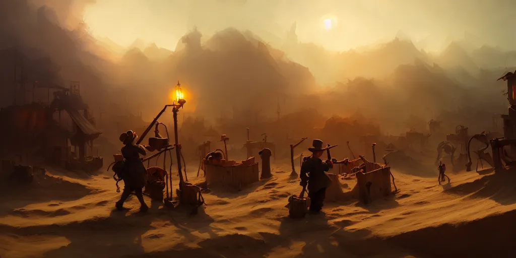 Image similar to playing at the sandbox by otto dix and greg rutkowski and andreas rocha, cinematic lighting, highly detailed, warm colours, 4 k