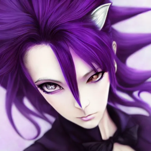 Prompt: beautiful anime woman with purple hair, ( ( ( ( ( unicorn horn ) ) ) ) ) ( ( ( purple eyes ) ) ), a purple tuxedo, sharp focus, intricate, cell shaded, award winning photography, cinematic, digital painting, cinematic, wlop, 8 k, by ross tran, tom bagshaw
