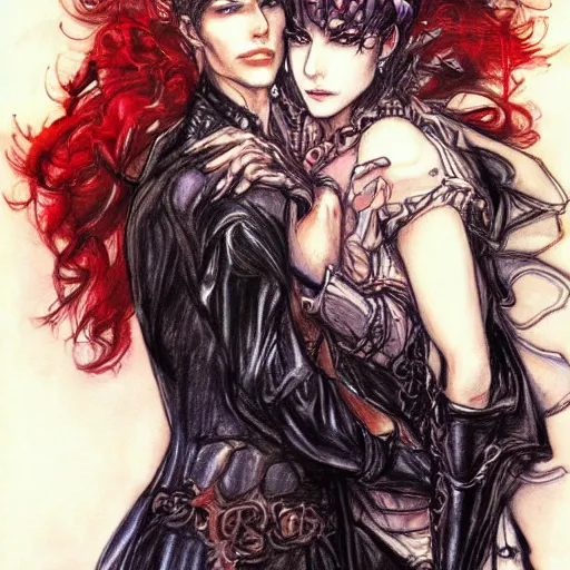 Image similar to a drawing of a woman holding a man, concept art by ayami kojima, featured on pixiv, auto - destructive art, official art, wiccan, parallax.