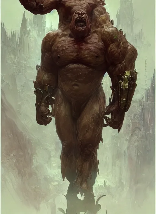 Image similar to huge hulking brute demon king wide shoulders, small evil head, vascular hands, muscular arms, wearing cape sitting on throne in science fiction hall, by sergey kolesov and lawrence alma tadema and norman rockwell and greg staples and craig mullins and john berkey and ruan jia, artstation creature art