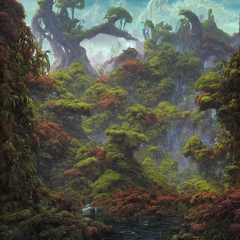 Image similar to digital painting of a lush natural scene on an alien planet by gerald brom. digital render. detailed. beautiful landscape. wet.