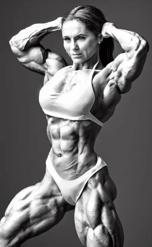 Image similar to photo of bodybuilder woman posing in white peignoir, full leight, ultra rendered extreme realism and detail, 8 k, highly detailed, realistic, photorealistic,