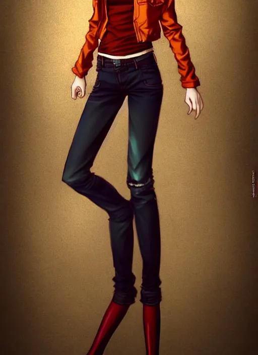 Image similar to full-body shot of an attractive tomboy girl with long, crimson red hair and red eyes, wearing a brown, open jacket and green jeans with a stern look, concept art, character design, by WLOP, by Ross Draws, by Tomine, by Satoshi Kon, by Rolf Armstrong, by Peter Andrew Jones