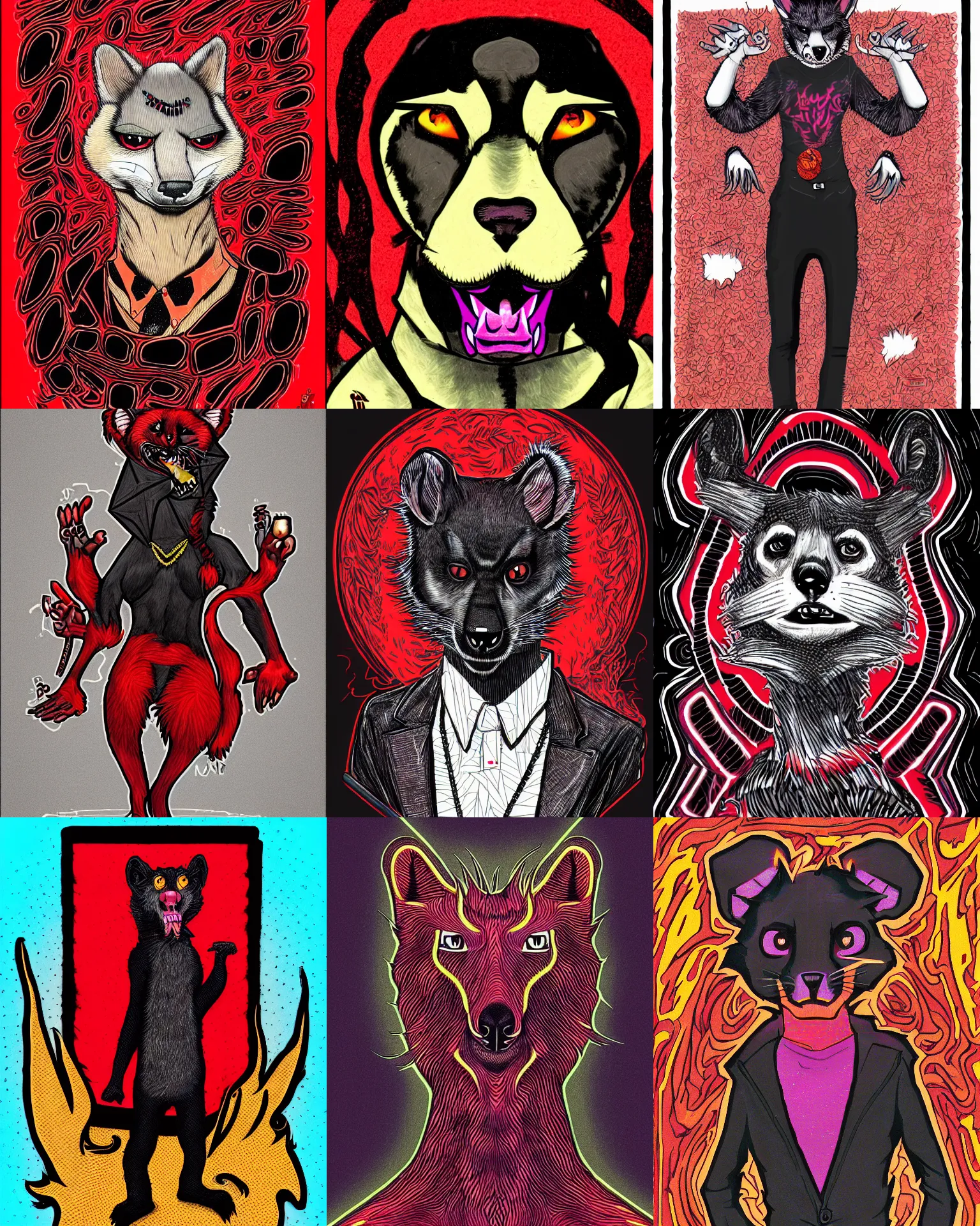 Image similar to handsome weasel fursona fullbody portrait, male, red - black, dark psychedelia style, refer to late timothy leary, schizophrenic art. dark and smoky