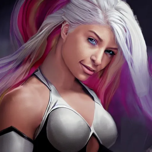 Image similar to alexa bliss as power girl, artstation hall of fame gallery, editors choice, #1 digital painting of all time, most beautiful image ever created, emotionally evocative, greatest art ever made, lifetime achievement magnum opus masterpiece, the most amazing breathtaking image with the deepest message ever painted, a thing of beauty beyond imagination or words, 4k, highly detailed, cinematic lighting