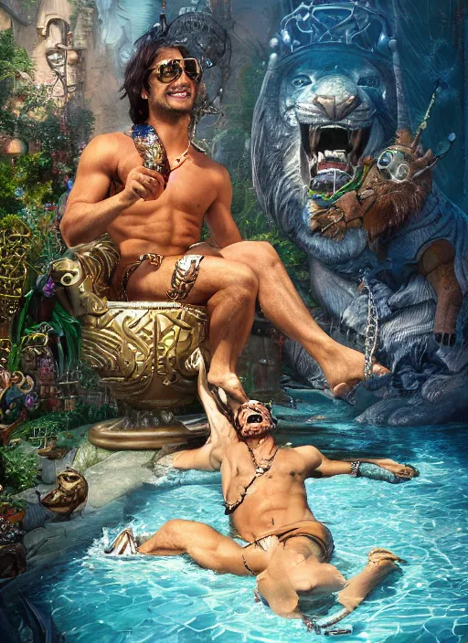 Prompt: muscular Atlantean king Gael García Bernal grinning and wearing cholo sunglasses and a heavy bejeweled gold crown reclining poolside with a beautiful tiger, steelpunk, ghibli studio, nekro, Tom Bagshaw, Craig Mullins, octane 8k, by brian froud, Trending on ArtStation