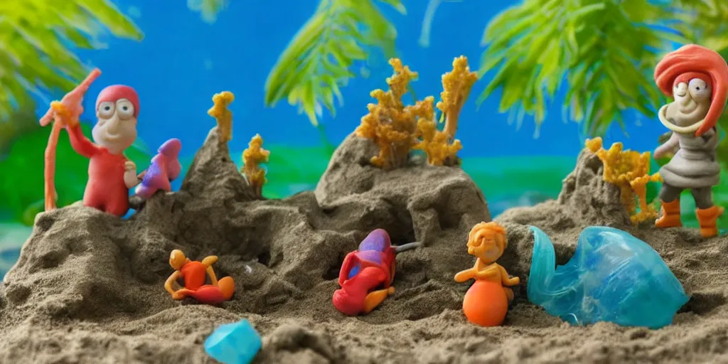 Prompt: plasticine model in water. clay figures. side view of tropical fish tank with sand. fighter fish. astrix obelisk. collecting helmets wallace and gromit. figures clay. aquatic photography.
