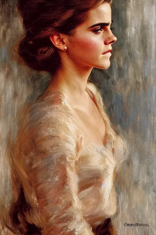 Image similar to detailed portrait of a beautiful emma watson 1 9 6 0 s hairstyle muscular, painting by gaston bussiere, craig mullins, j. c. leyendecker