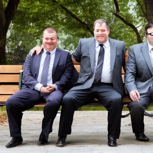 Image similar to two clean - shaven chubby white men in suits and neckties sitting on a park bench. each men are holding manila folders.