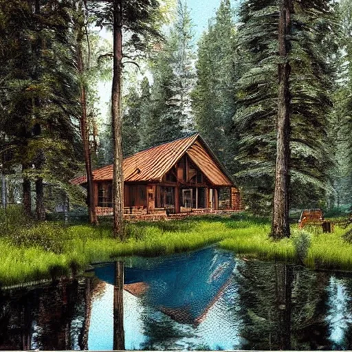 Image similar to a cabin in the woods, pine trees and a pond by Klaus Wittmann