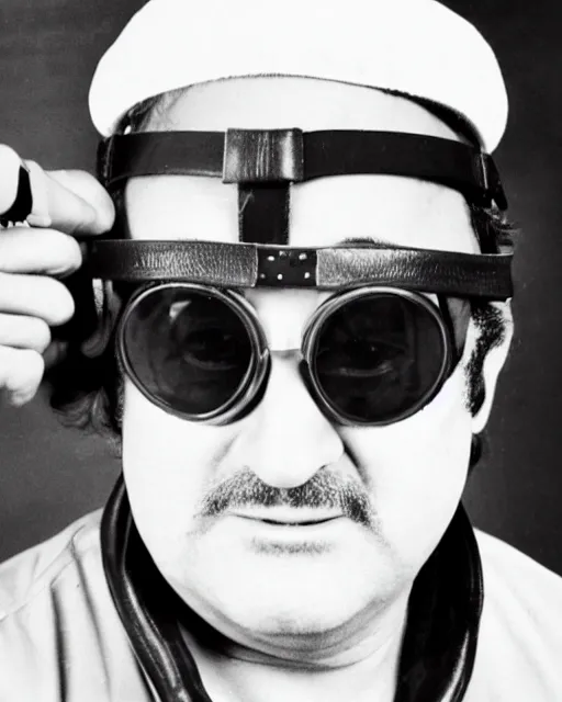 Image similar to headshot of john belushi wearing a leather cap and aviator goggles, he is also wearing an a 2 flight jacket, a long white scarf is wrapped around his neck, he has a 5 o'clock shadow, a crazed angry look on his face
