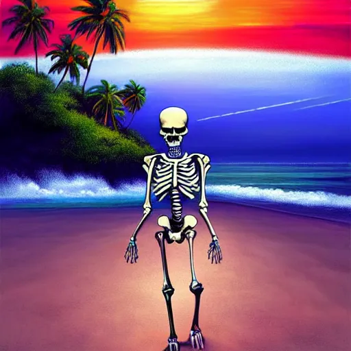 Image similar to Beautiful digital painting portrait of relaxed skeleton walking on the tropical beach with nuclear bomb explosion on the ocean in the background, high quality, trending on Artstation, highly detailed big nuclear explosion in the background, realistic, tropical color scheme, anatomically correct skeleton, high coherence, beautiful aesthetic lighting