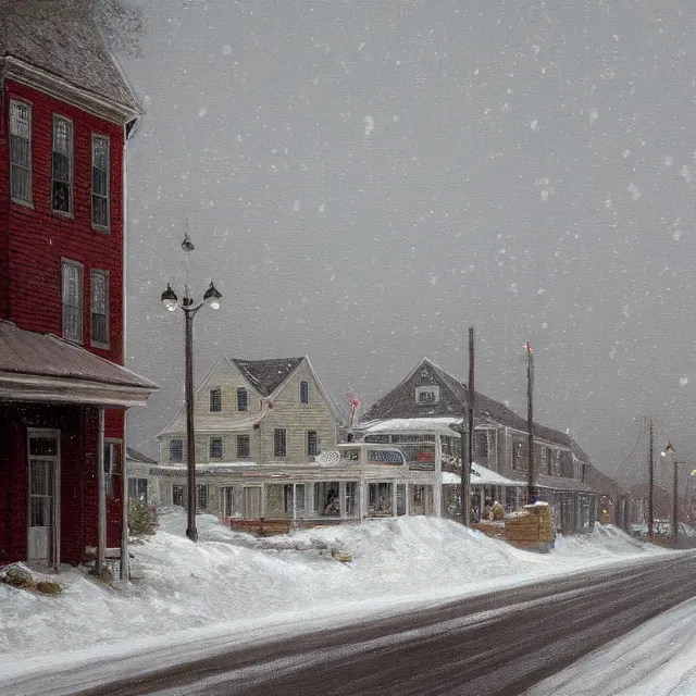 Prompt: a beautiful painting of a small new england town engulfed in a noreaster blizzard by rutkowski and rockwell, detailed, art gallery quality, cinematic lighting