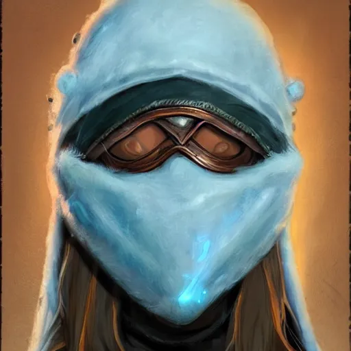 Prompt: snow bandit from ‘ icewind dale ’ with a frost blue gem mask lined with copper, ‘ icewind dale 2 ’ profile portrait by ‘ justin sweet ’, falling snow, soft focus, illustration, oil paint, artstation