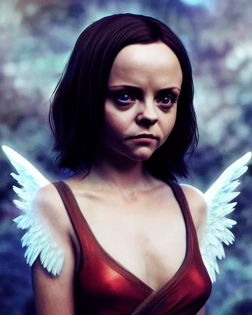 Prompt: christina Ricci as an angel, hyper realistic, prismatic highlights, atmosphere, gorgeous, depth of field, cinematic, macro, concept art, 50mm, artstation, wlop, elegant, epic, weta digital, focus, octane render, v-ray, 8k, kodak portra, art by Liberatore