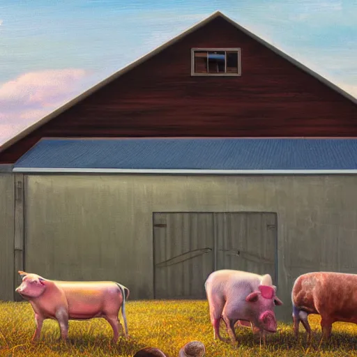 Prompt: exterior view of modern futuristic farm barn architecture, cows, pigs, chickens, detailed luminescent oil painting 4 k